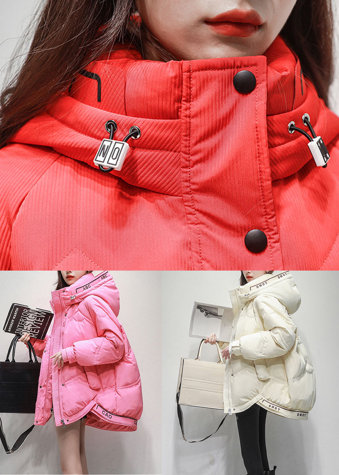 New Red Zippered Drawstring Oversized Duck Down Coats