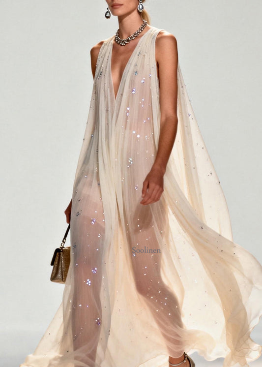 New Style V Neck Zircon Chiffon Maxi Dress Sleeveless