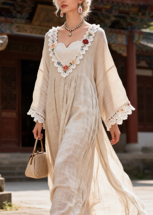 New V Neck Lace Floral Patchwork Cotton Dress Summer