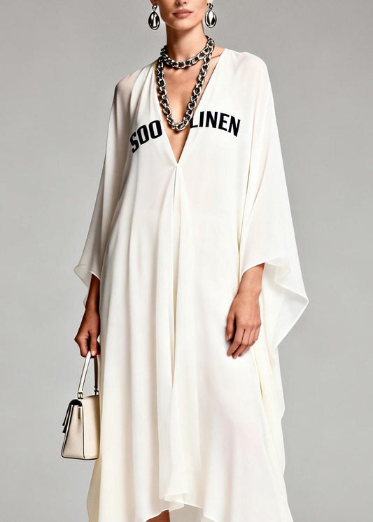 New White V Neck Print Asymmetrical Design Chiffon Dresses Summer