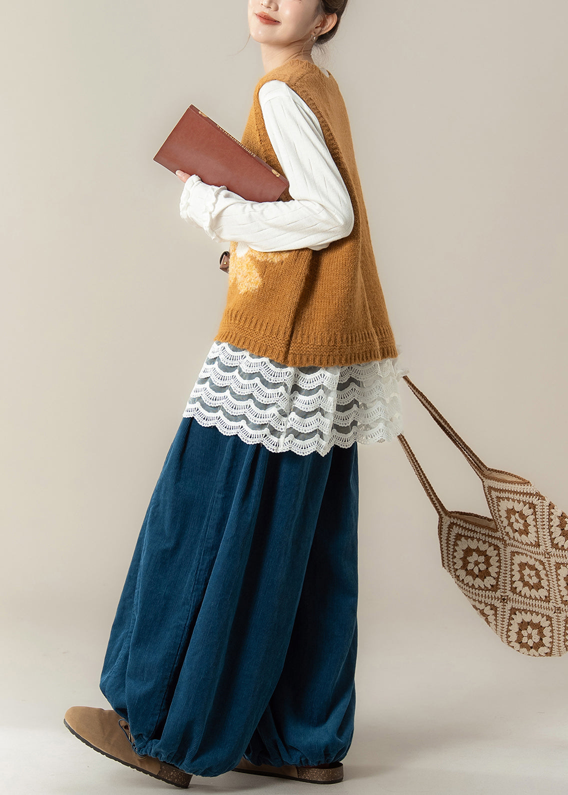 New Yellow V Neck Floral Knit Vest Cotton T Shirt And Corduroy Pants 3 Piece Set Spring