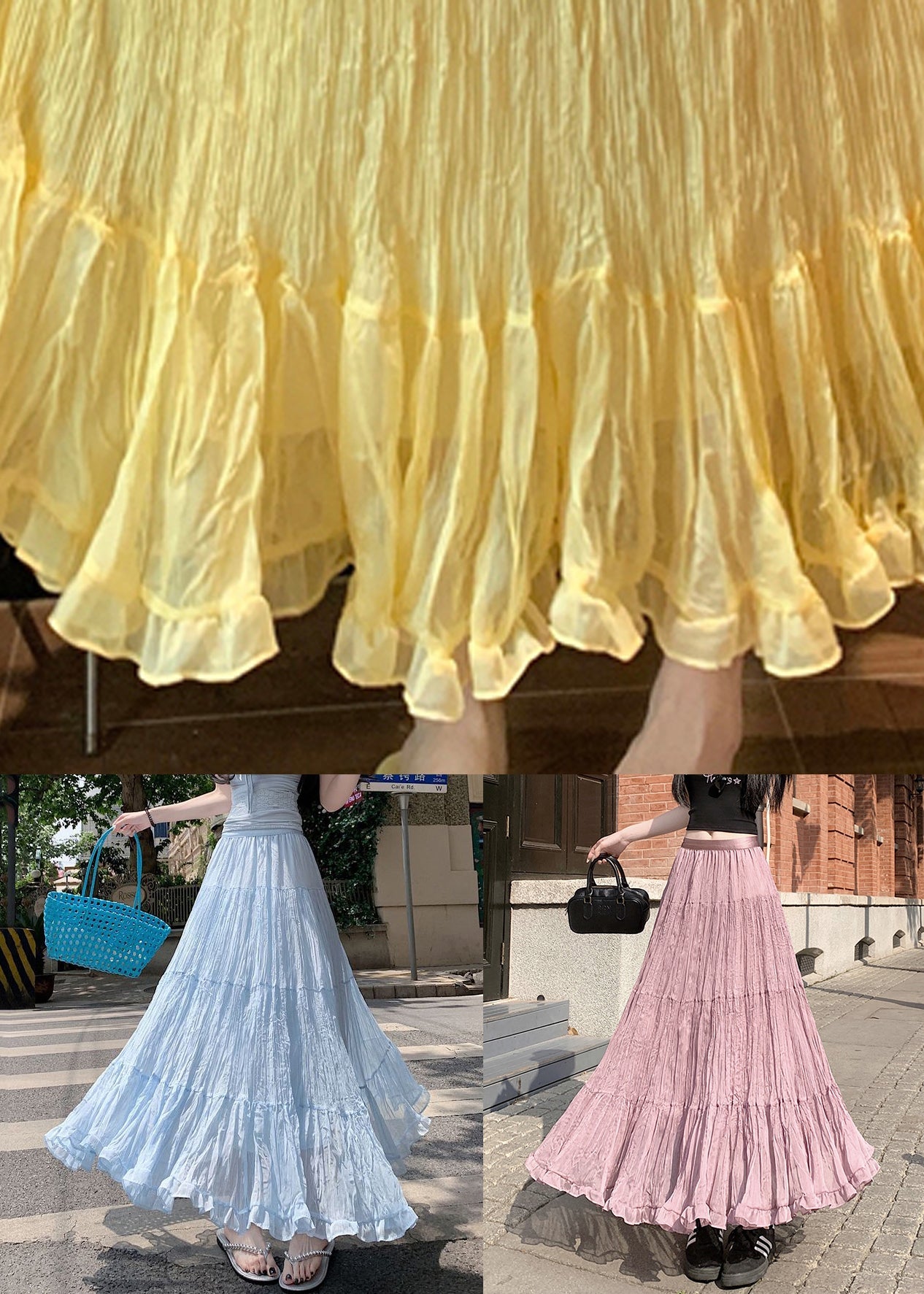 New Yellow Wrinkled Solid Tulle Skirts Summer