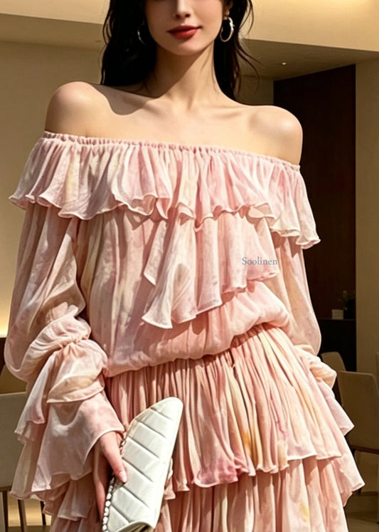 Novelty Pink Ruffled Patchwork Cold Shoulder Chiffon Mid Dress Long Sleeve