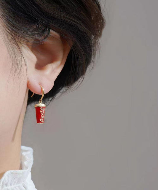 Novelty Red Copper Overgild Asymmetrical Cola And French Fries Drop Earrings