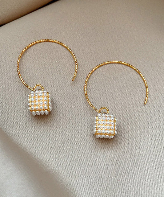 Oversize Gold Copper Overgild Lantern Pearl Hoop Earrings