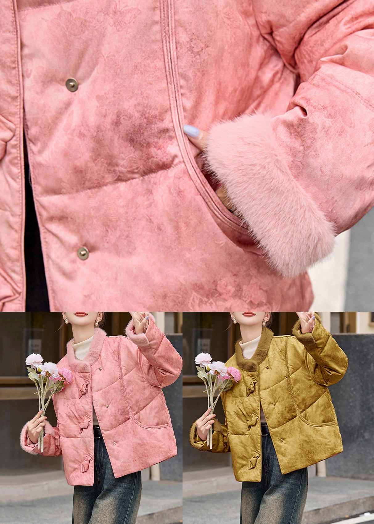 Pink Fur Patchwork Vintage Duck Down Puffer Jacket Winter