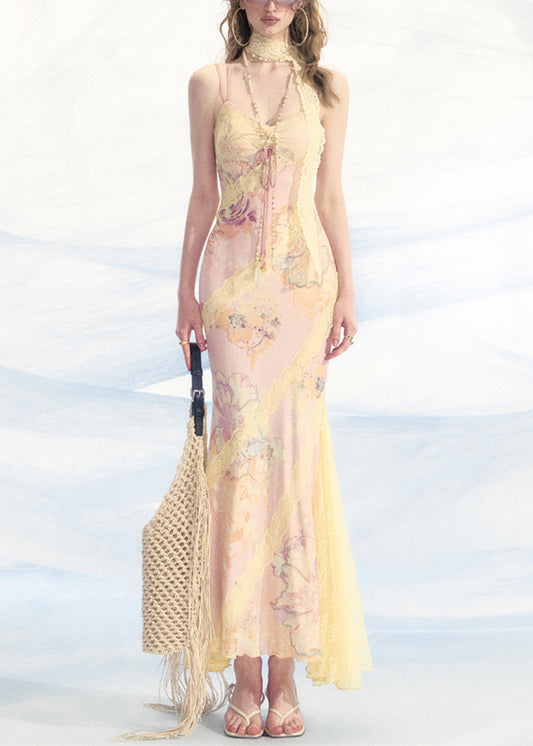 Pink Print Lace Patchwork Spaghetti Strap Dress V Neck Summer