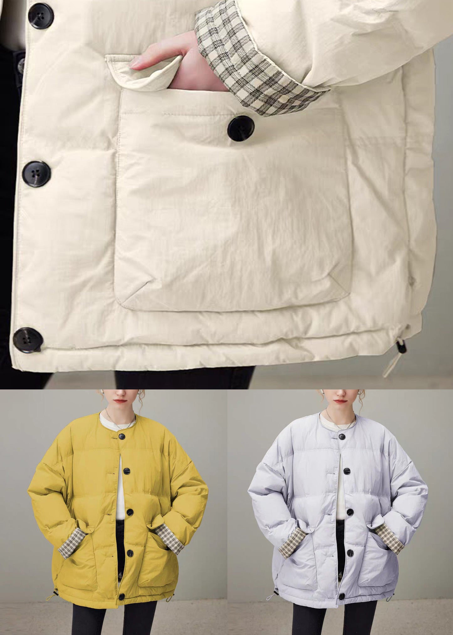 Plus Size Apricot Plaid Drawstring Pockets Duck Down Down Coat