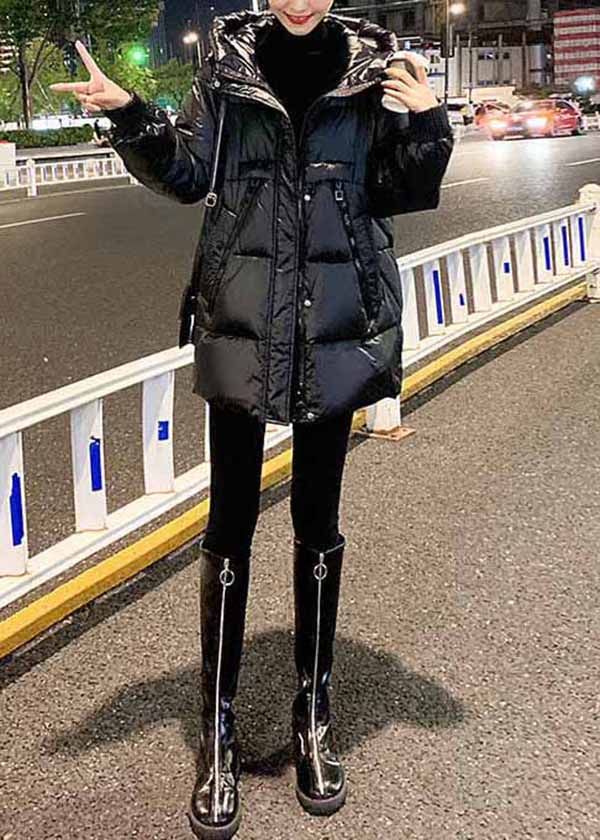 Plus Size Black Hooded Pockets Fine Cotton Filled Parkas Winter