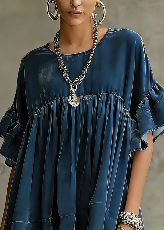 Plus Size Blue Wrinkled Patchwork Velour Short Dress Butterfly Sleeve