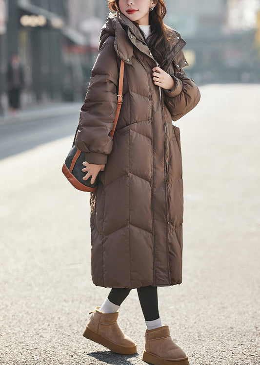 Plus Size Brown Hooded Warm Duck Down Long Coats Winter