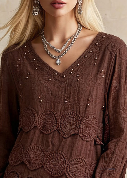 Plus Size Chocolate Casual Embroideried Hollow Out Fall Long sleeve Shirt Tops