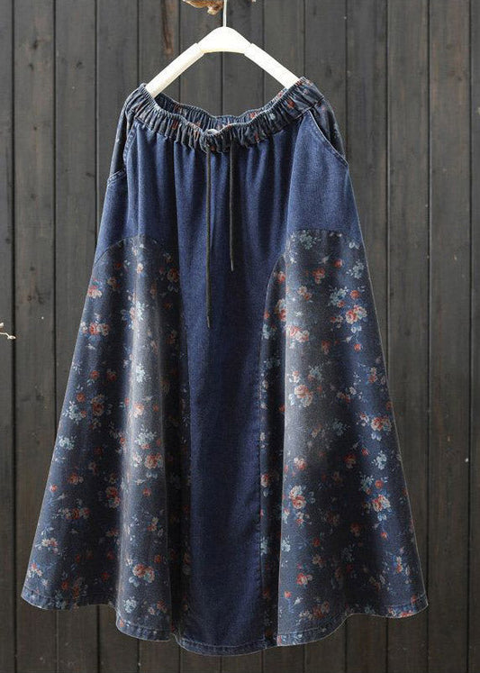 Plus Size Denim Light Blue Print High Waist A Line Skirt Summer