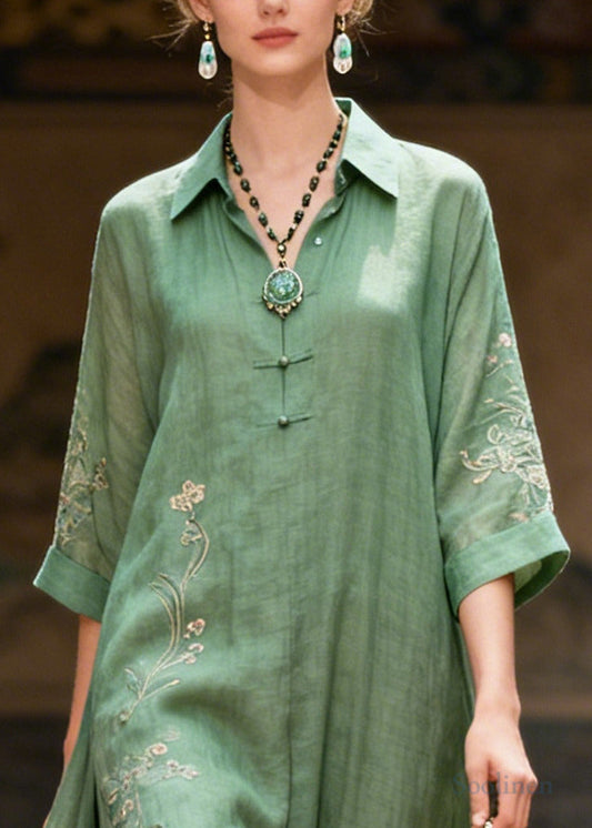 Plus Size Green Embroidered Chinese Button Cotton Maxi Dresses Summer
