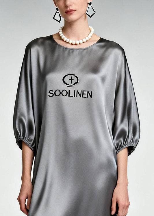 Plus Size Grey O-Neck Print Silk Ankle Dress Half Sleeve