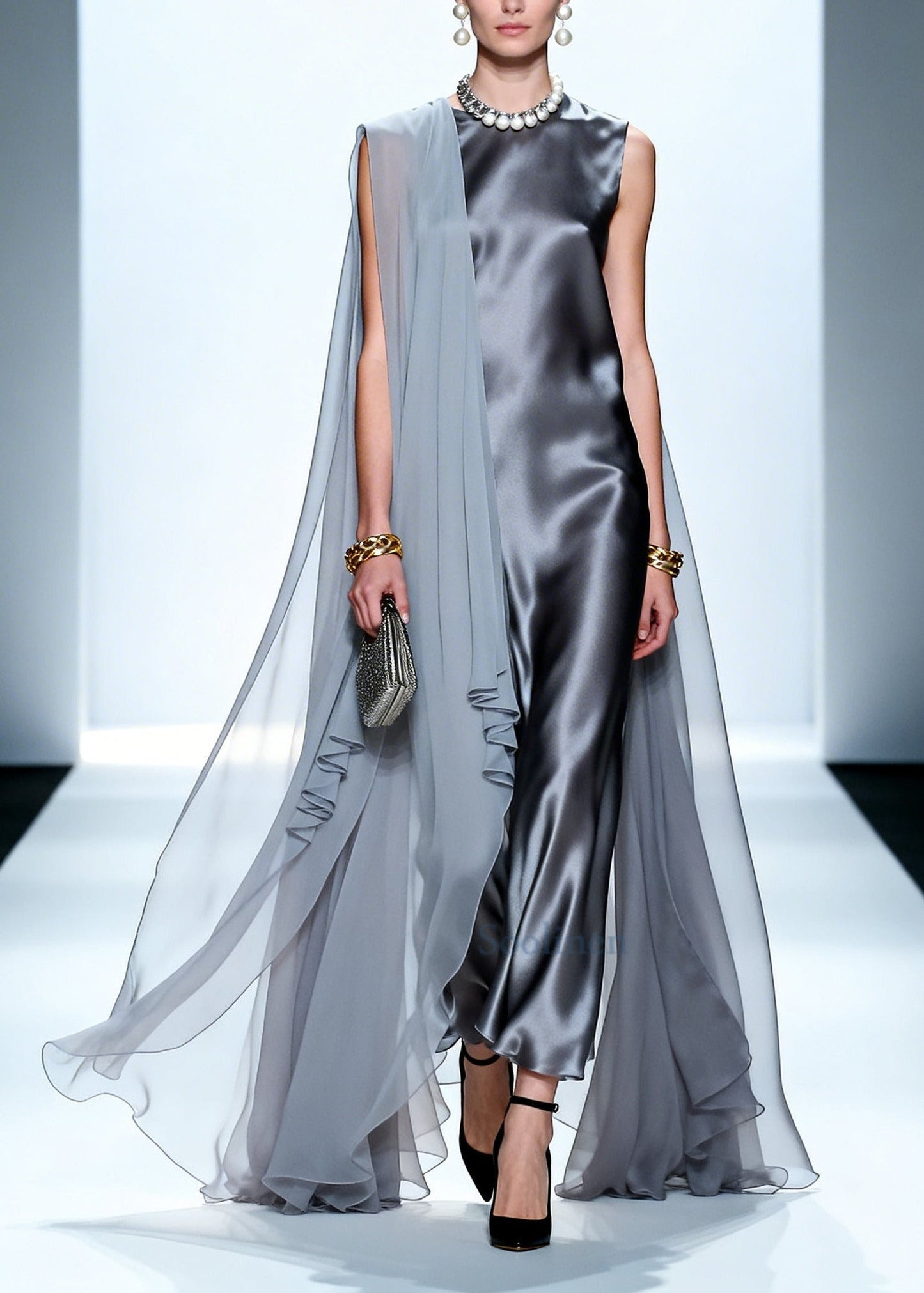 Plus Size Grey Oversized Patchwork Chiffon Maxi Dress Summer