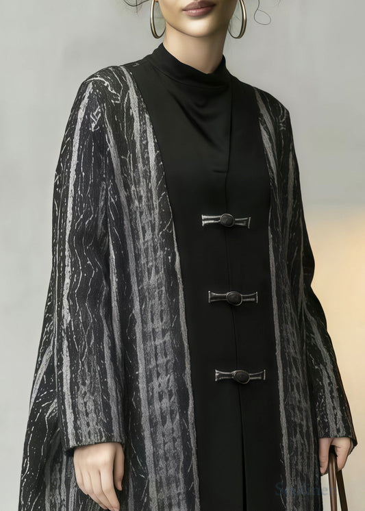 Plus Size Grey Oversized Patchwork Chinese Button Cotton Coats Spring