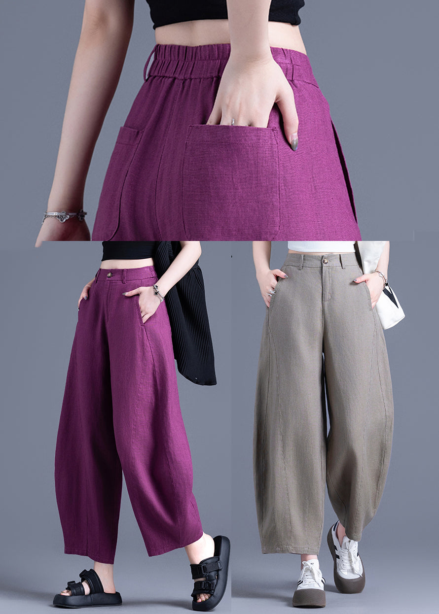 Plus Size Khaki Oversized Pockets Linen Harem Pants Summer