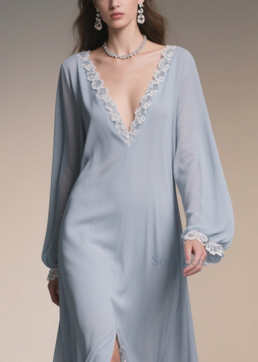 Plus Size Light Blue V Neck Lace Side Open Chiffon Dresses Spring
