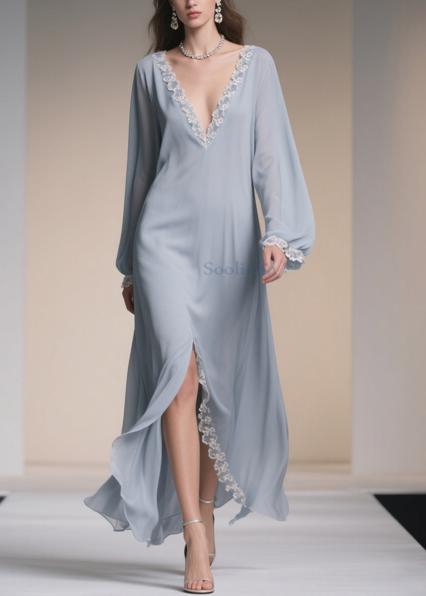 Plus Size Light Blue V Neck Lace Side Open Chiffon Dresses Spring