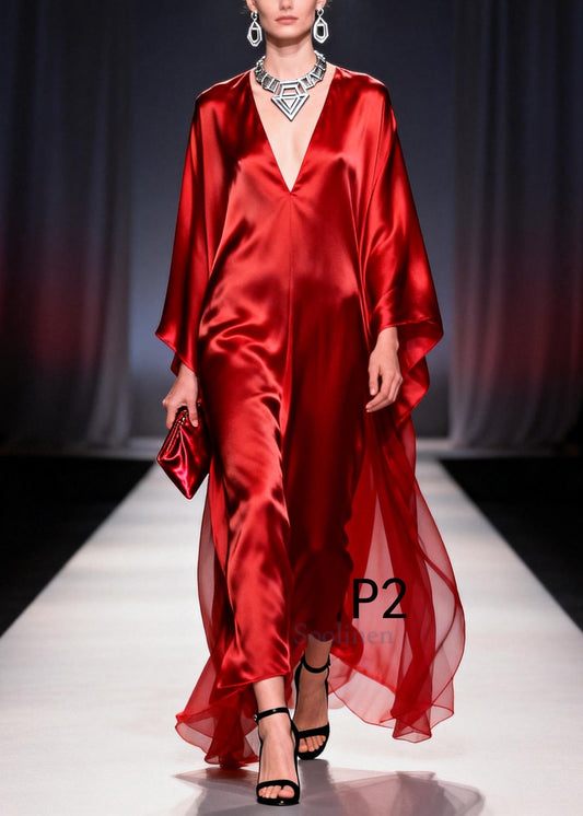 Plus Size Red Oversized Draping Chiffon Robe Dresses Summer
