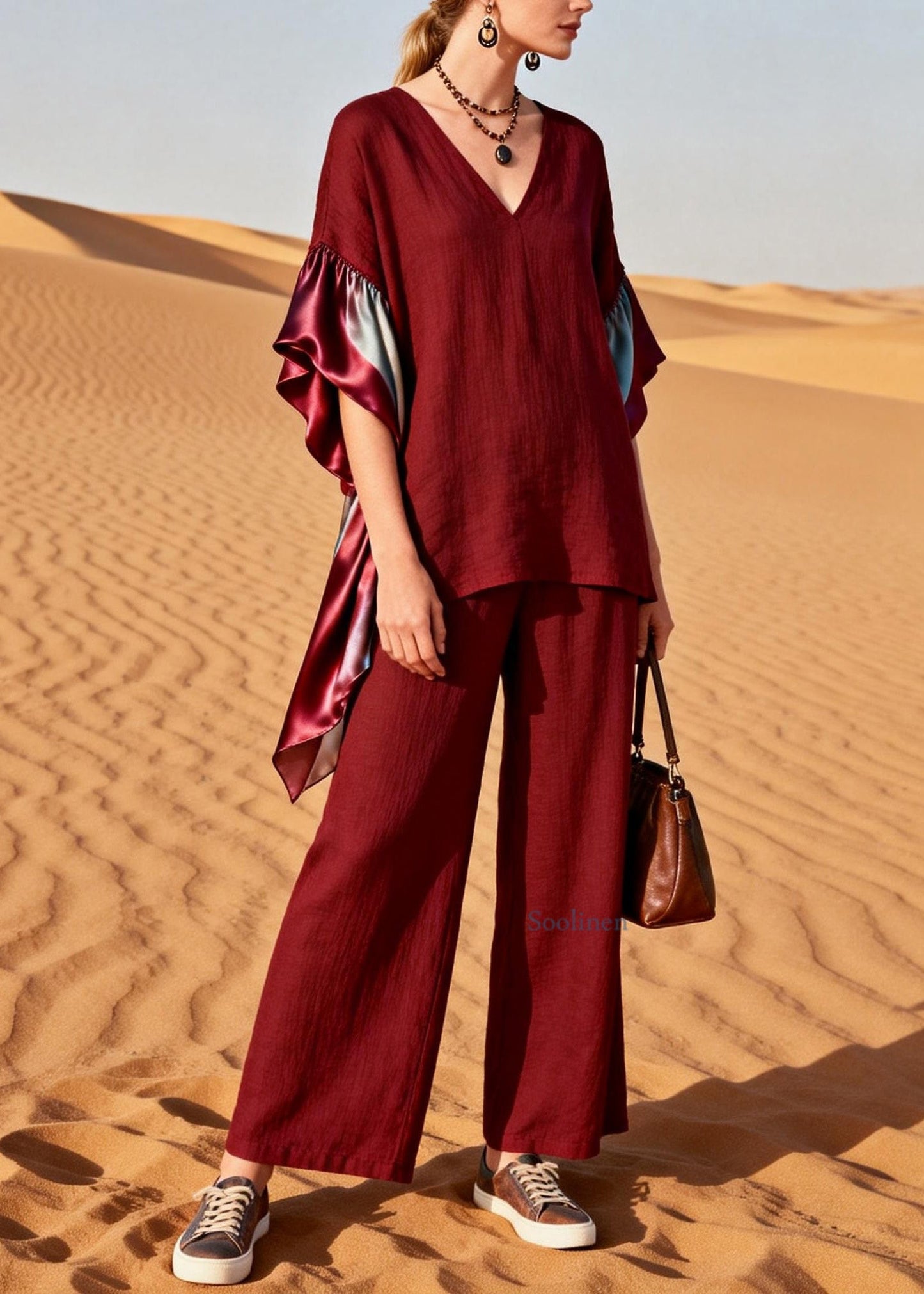 Plus Size Red V Neck Patchwork Linen Silk Two Pieces Set Summer