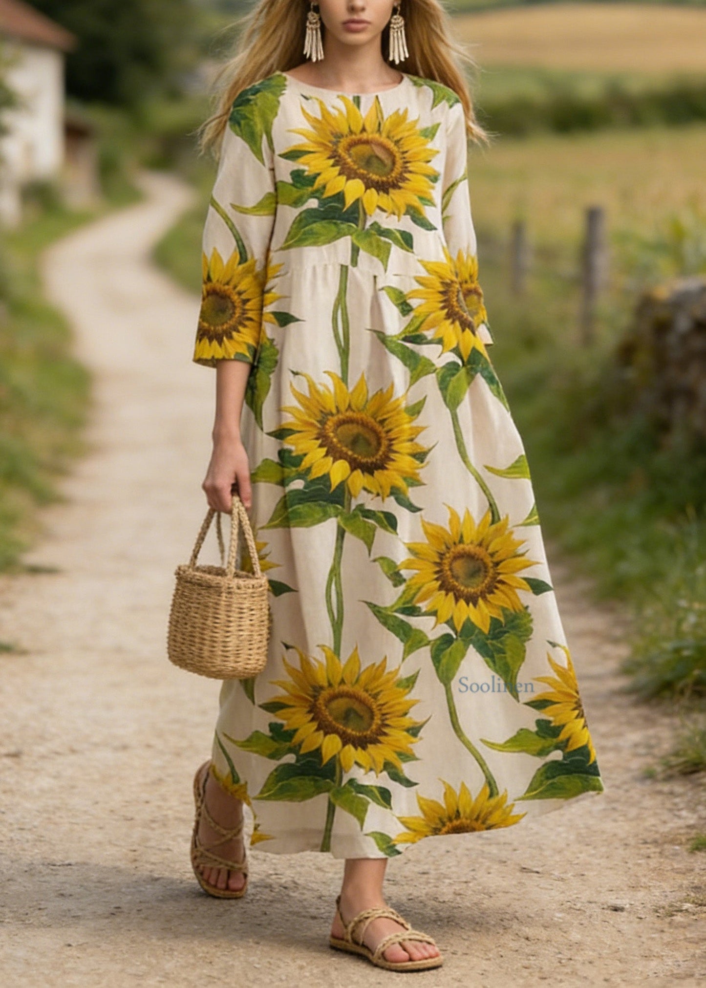Plus Size Sunflower Print Cotton Long Dress Summer