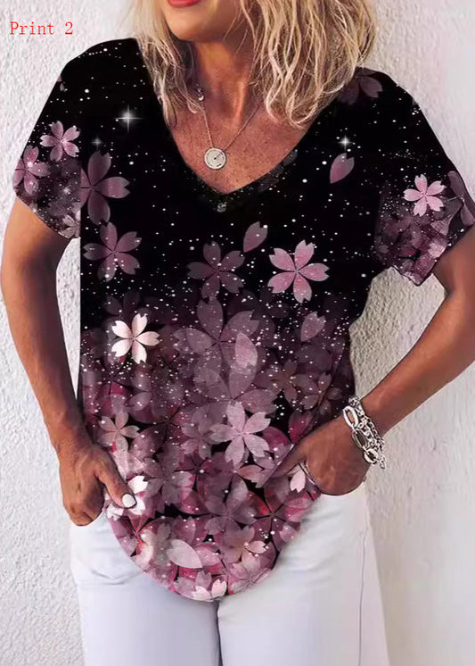 Plus Size V Neck Print Cotton T Shirt Top Summer