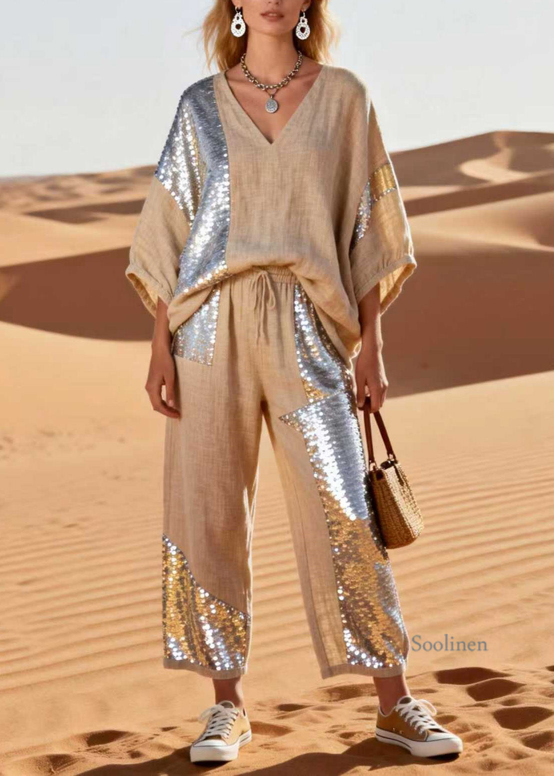 Plus Size V Neck Sequins Patchwork Linen Two Piece Set Spring