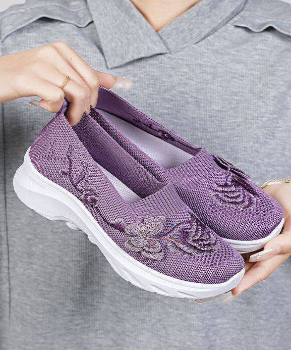 Purple Embroidered Breathable Mesh Flat Shoes For Women