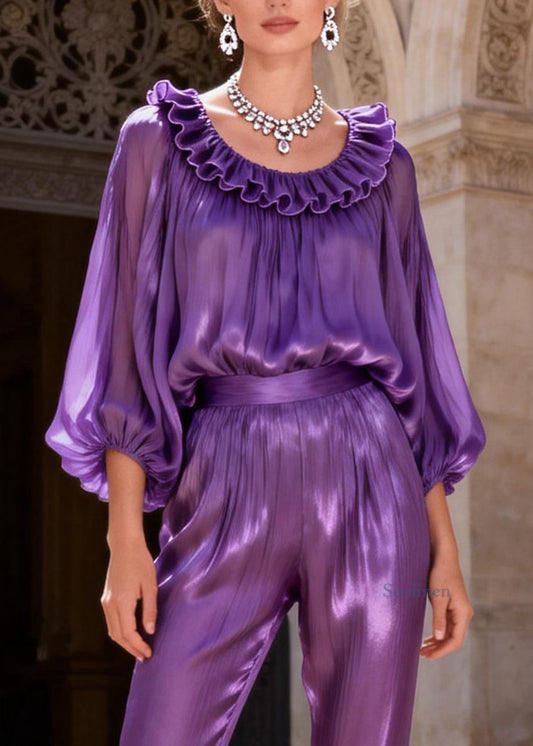 Purple High Waist Solid Silk Two Pieces Set Ruffled Lantern Sleeve