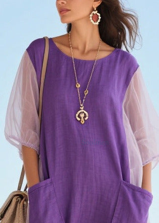 Purple Patchwork Tulle Vacation Dress Oversized Pockets Summer