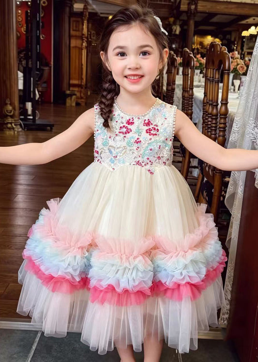 Rainbow Patchwork Tulle Kids Girls Long Dress Sequins Summer