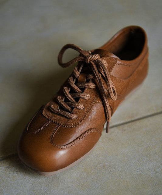 Retro Brown Cowhide Leather Splicing Flat Feet Shoes Lace Up
