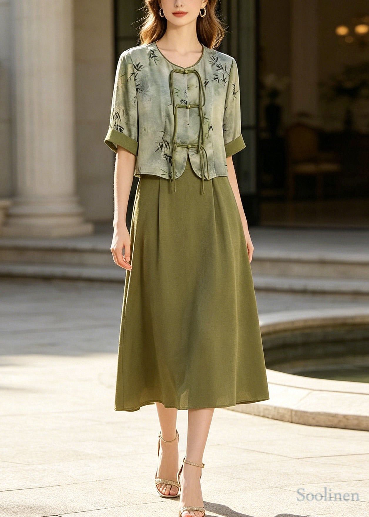 Retro Green Print Chinese Button Silk Dress Two Piece Set Summer