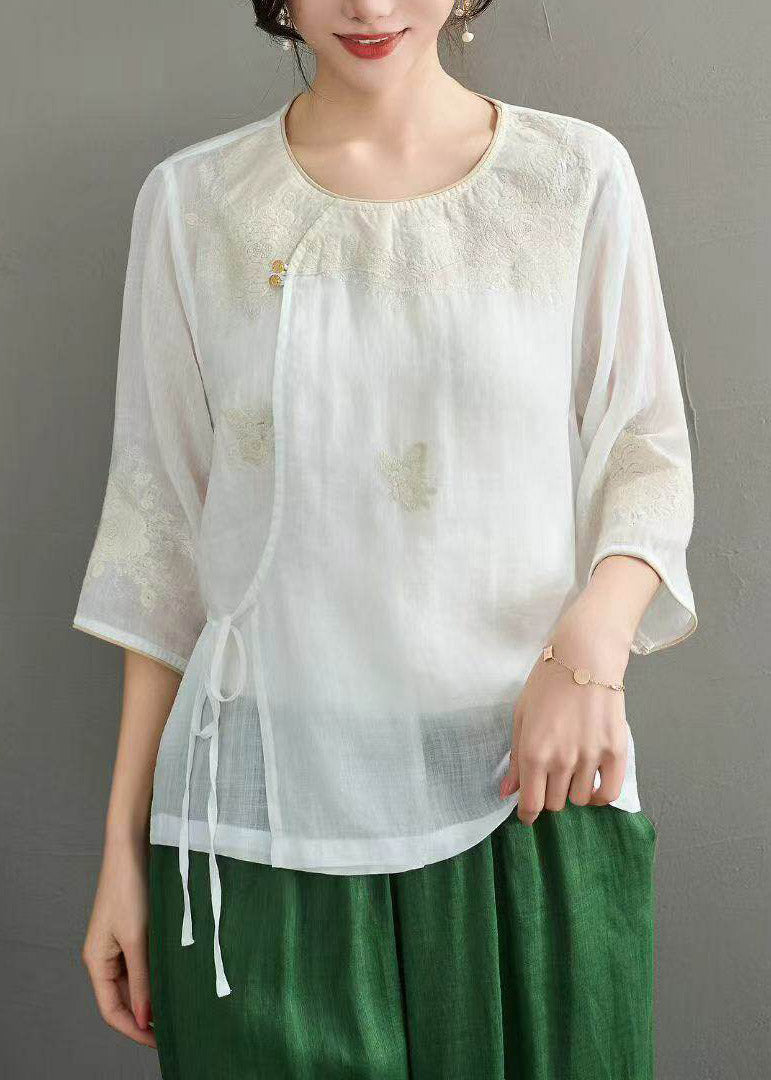 Retro Light Pink Embroidered Tie Waist Linen Top Half Sleeve