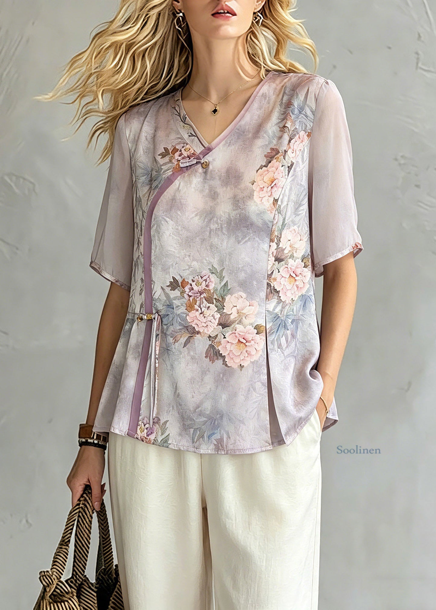 Retro Light Purple V Neck Asymmetrical Chiffon Top Short Sleeve