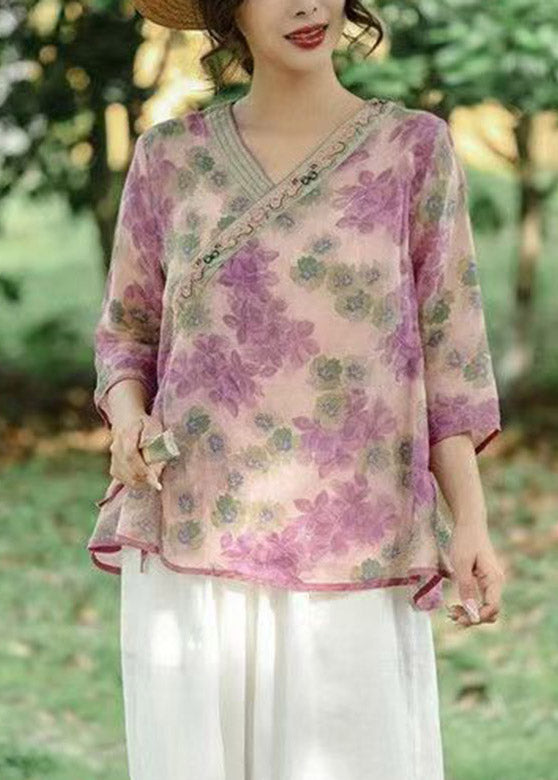 Retro Pink Patchwork Tie Waist Linen Shirts Three Quarter Sleeve