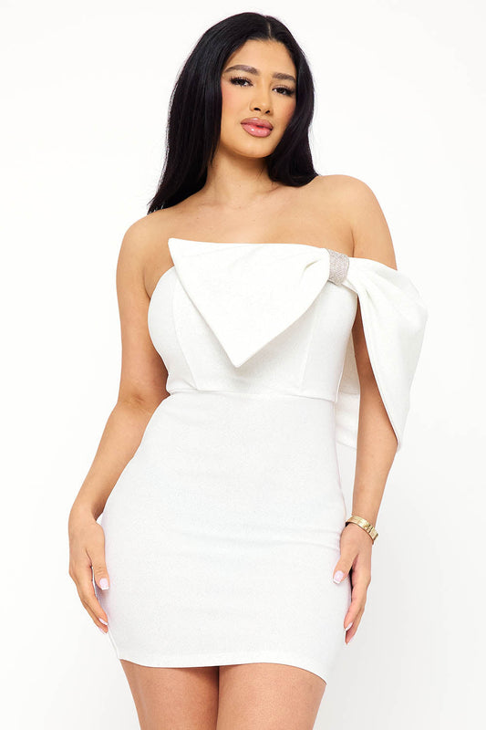 Symphony Dress - Glitter With Large Bow On One Shoulder Mini Dress