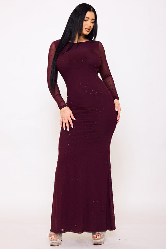 Symphony Dress - Rhinestone On Power Mesh Open Back Maxi Dress