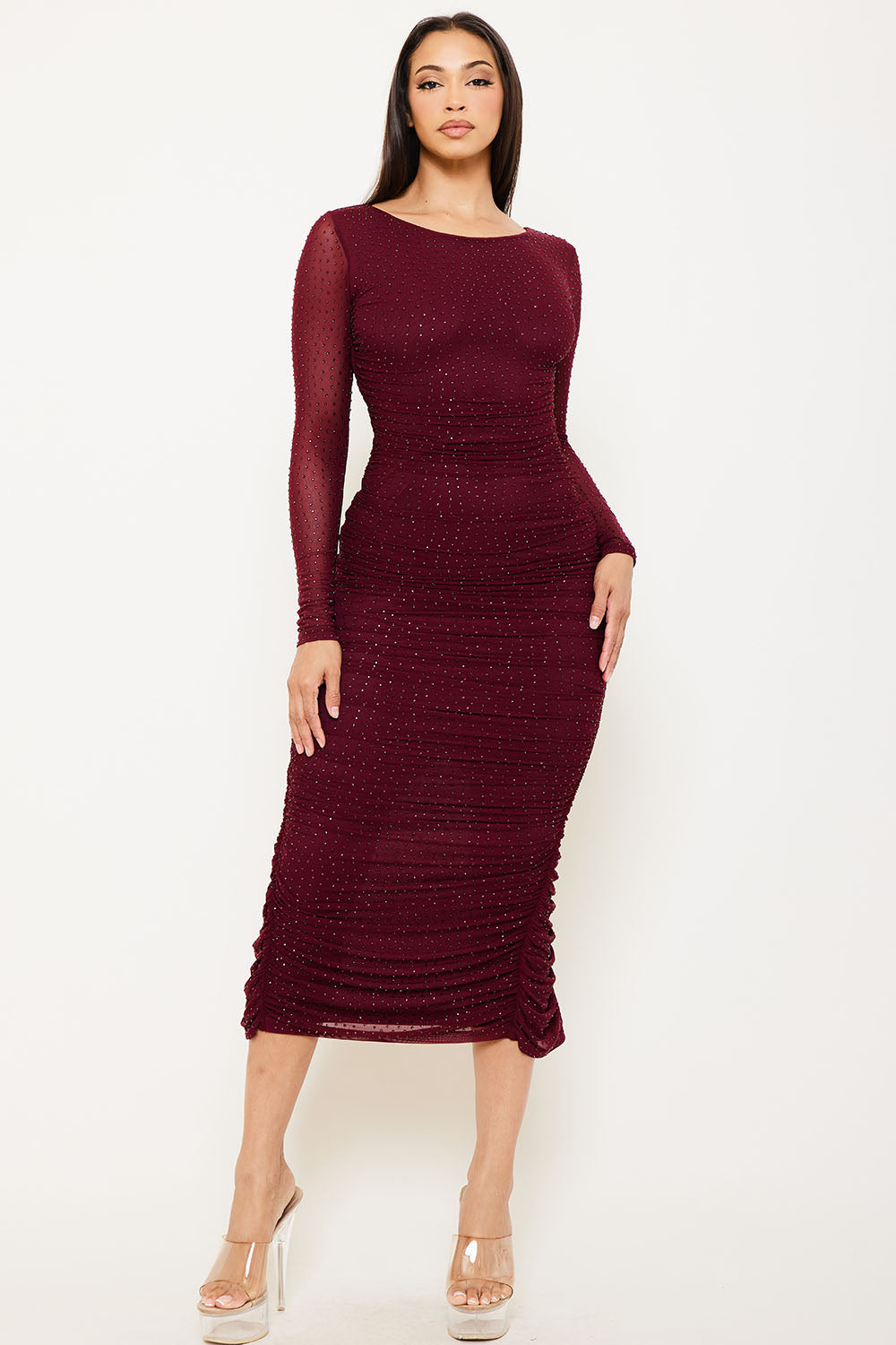 Symphony Dress - Rhinestone On Mesh Pleated Long Dress
