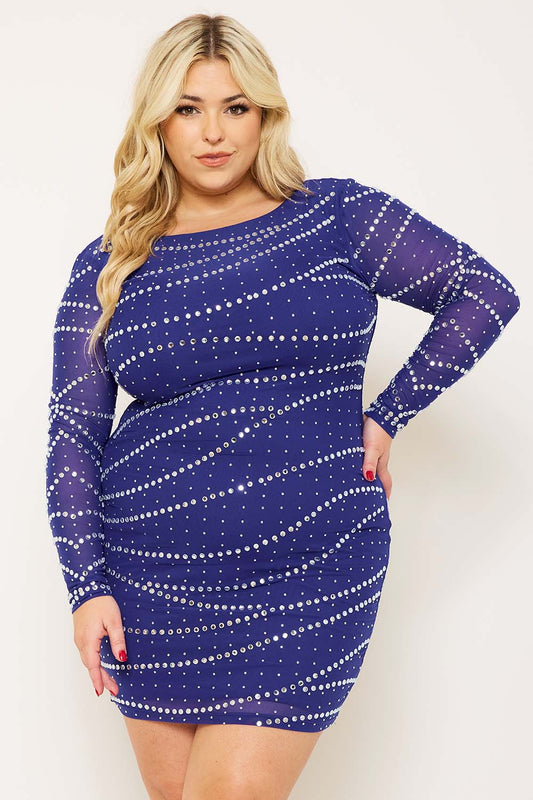 Symphony Dress - Multi Size Rhinestone Mesh Plus Size Night Out Mini Dress
