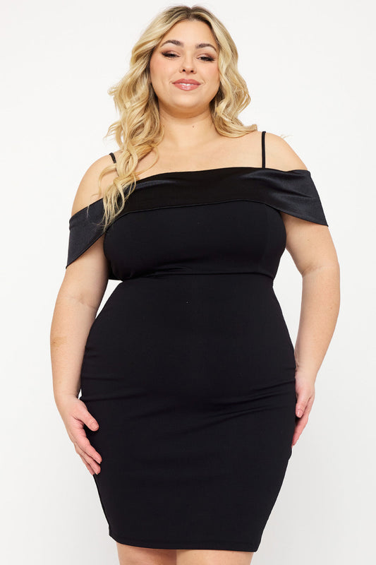 Symphony Dress - Contrast Fabric Open Shoulder Night Out Plus Size Mini Dress