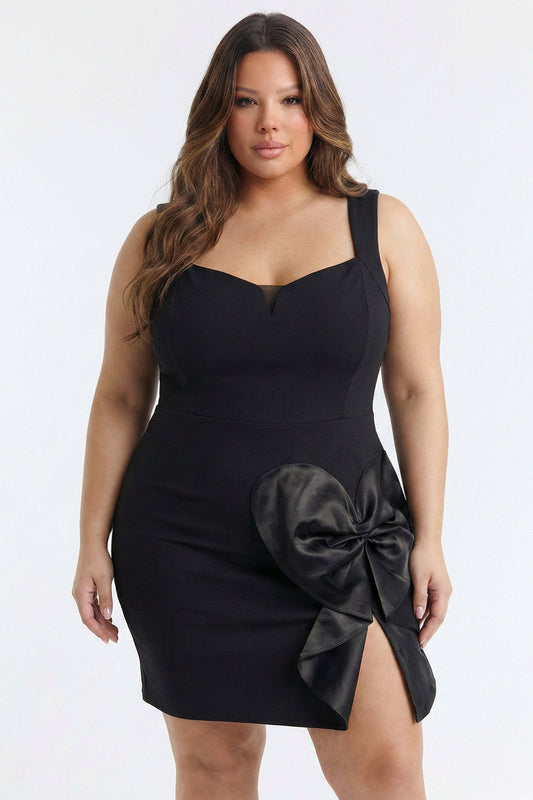 Plus Size Night Out Dress - Satin Bow Detail Fabric Contrast Plus Size Mini Dress