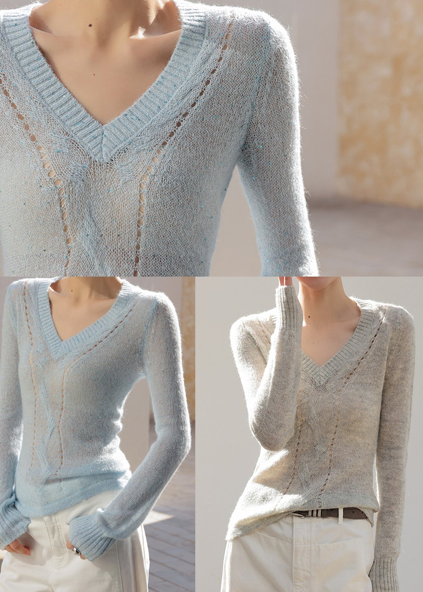 Sea Blue Knit Shirts V Neck Hollow Out Spring
