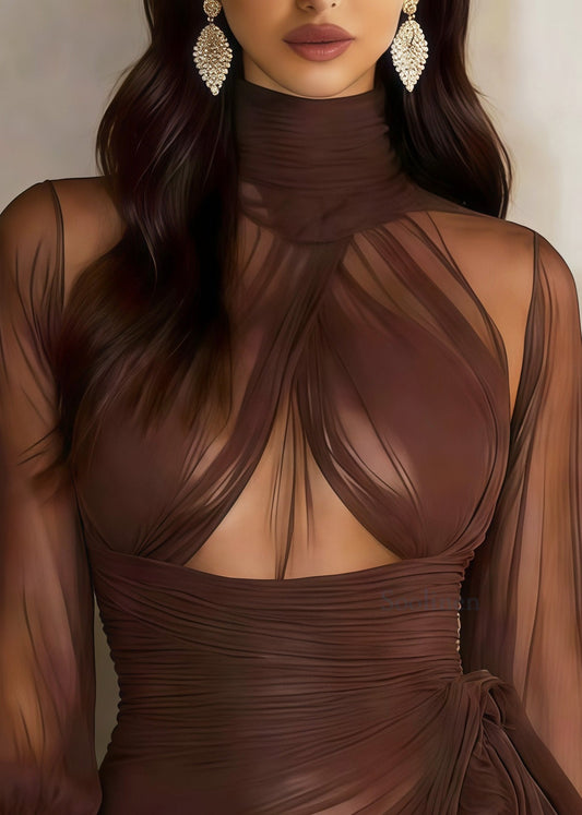 Sexy Coffee High Neck Asymmetrical Design Tulle Mini Dress Spring