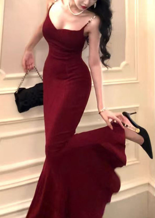 Sexy Mulberry Flattering Solid Knit Maxi Spaghetti Strap Dress Summer