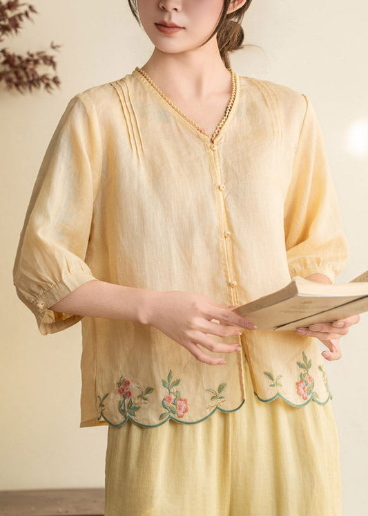 Simple White V Neck Patchwork Linen Shirt Half Sleeve