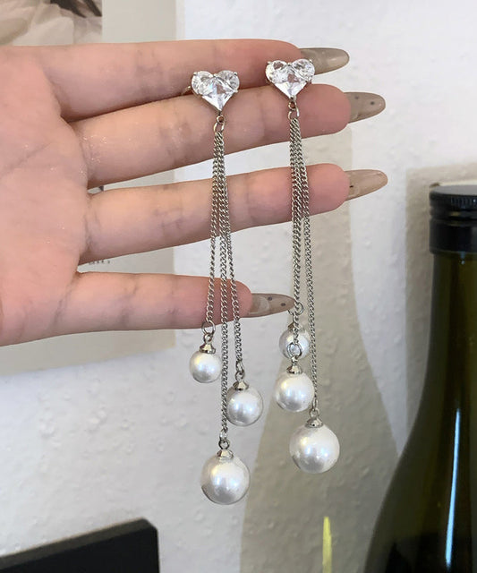 Skinny Silk Stainless Steel Love Pearl Tassel Drop Earrings