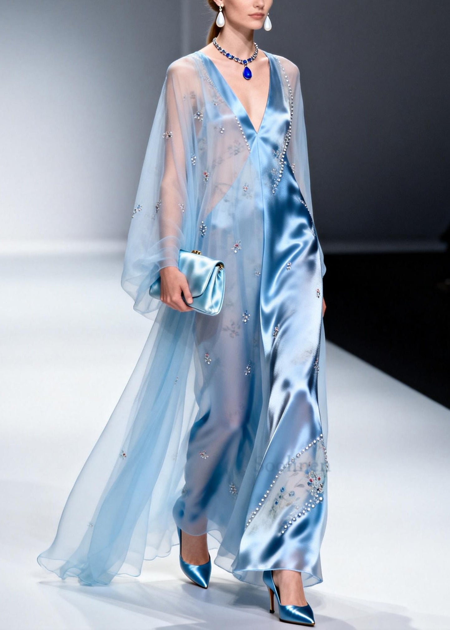 Sky Blue Patchwork Chiffon Party Dress Handmade Zircon Summer